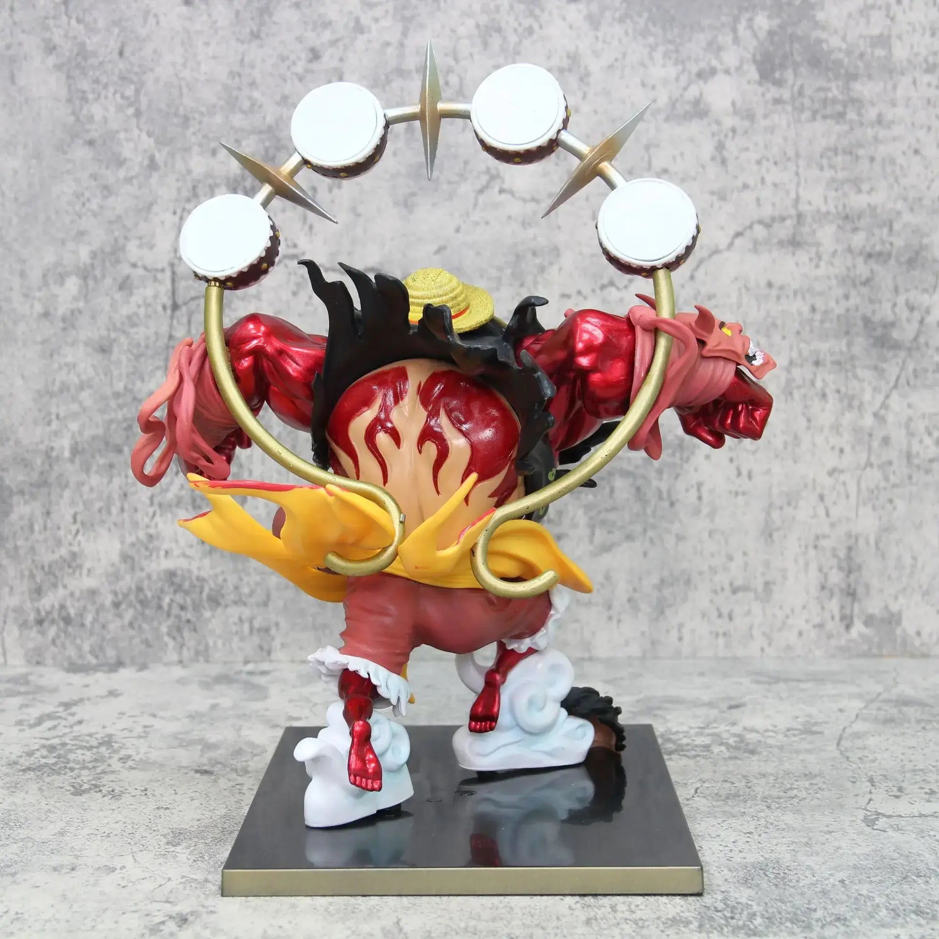 One Piece Anime Figure Tianshi Luffy 30cm figure with detailed flames and drum accessories, showcasing vibrant colors and dynamic pose.