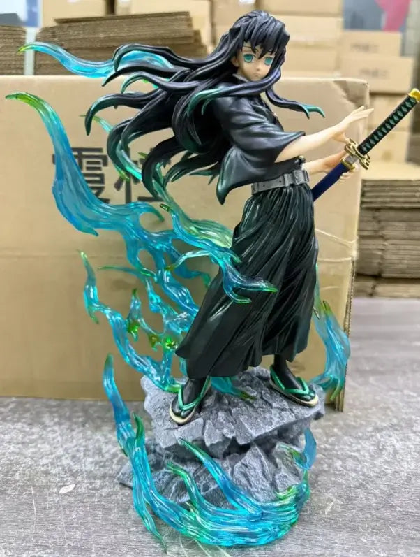 Demon Slayer Muichiro Tokito 32cm Figure in dynamic pose with blue-green flames and sword, detailed collectible.