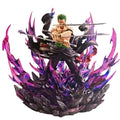 One Piece Roronoa Zoro Action Figure 30cm in dynamic pose with swords surrounded by colorful effects.