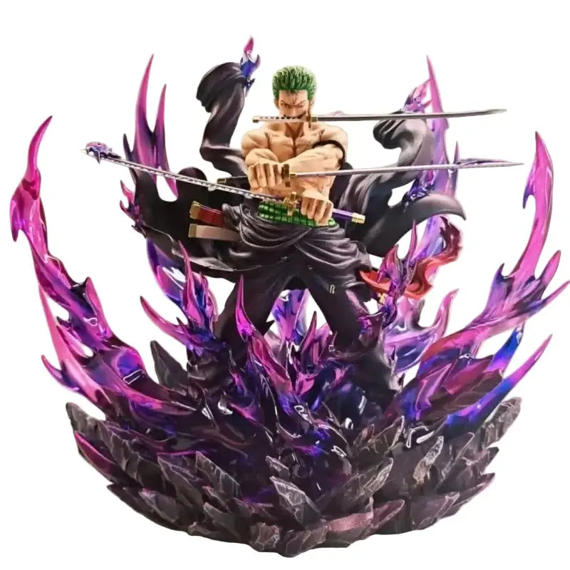 One Piece Roronoa Zoro Action Figure 30cm in dynamic pose with swords surrounded by colorful effects.