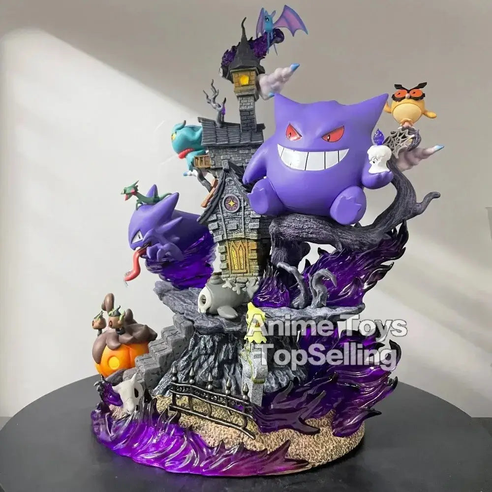 Gengar Pokemon figure collectible 30cm displayed on a spooky castle base with other Pokemon characters.