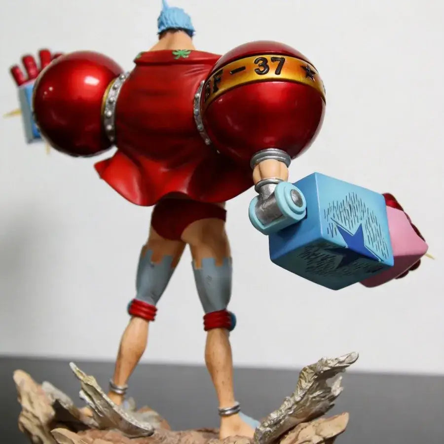 One Piece Franky anime figure showing detailed back view with muscular arms and characteristic design elements.