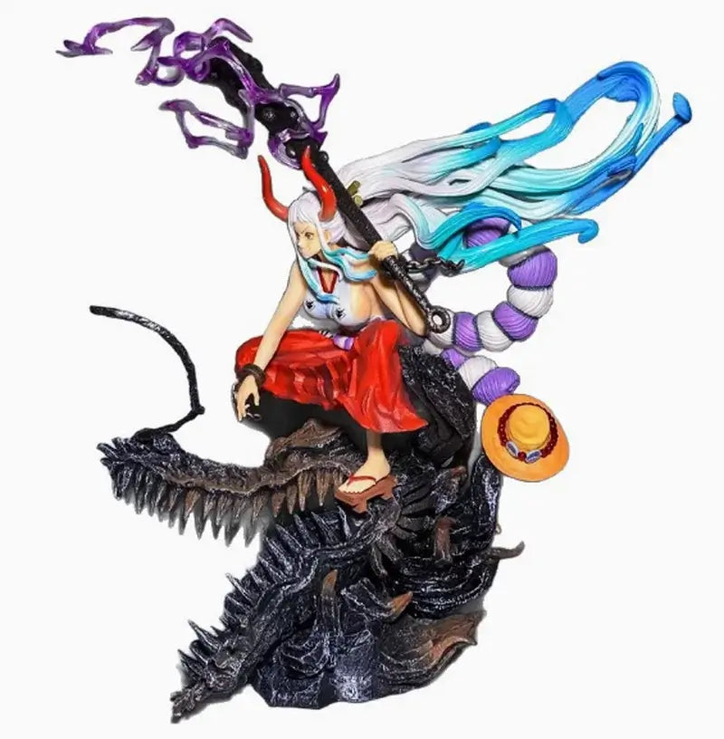 One Piece Yamato Gk Figure on a dragon base, showcasing vibrant colors and intricate design details.