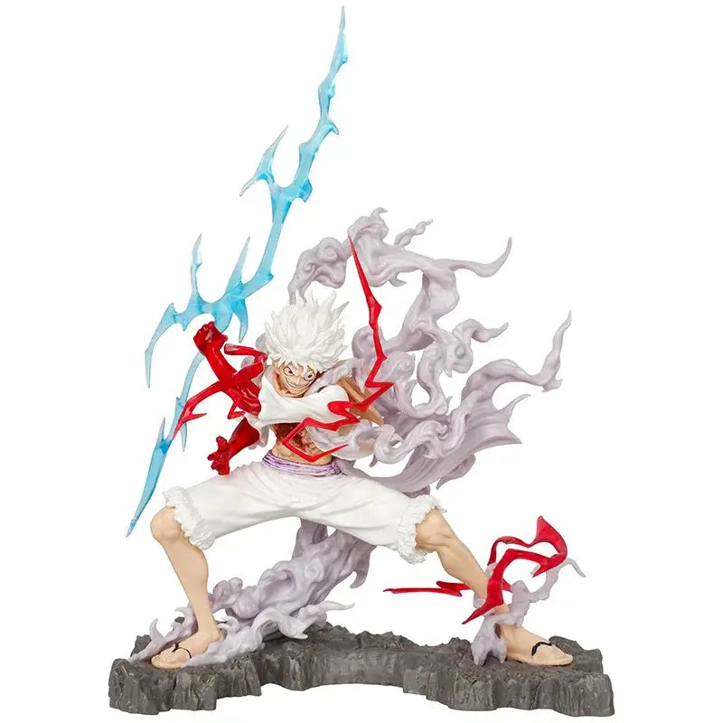 One Piece Monkey D Luffy Gear 5 action figure in dynamic pose with lightning effects and swirling smoke.