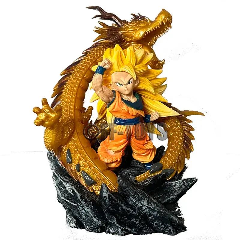 Dragon Ball SSJ3 Goku Action Figures featuring Goku in front of a dragon, vibrant colors, 14CM collectible.