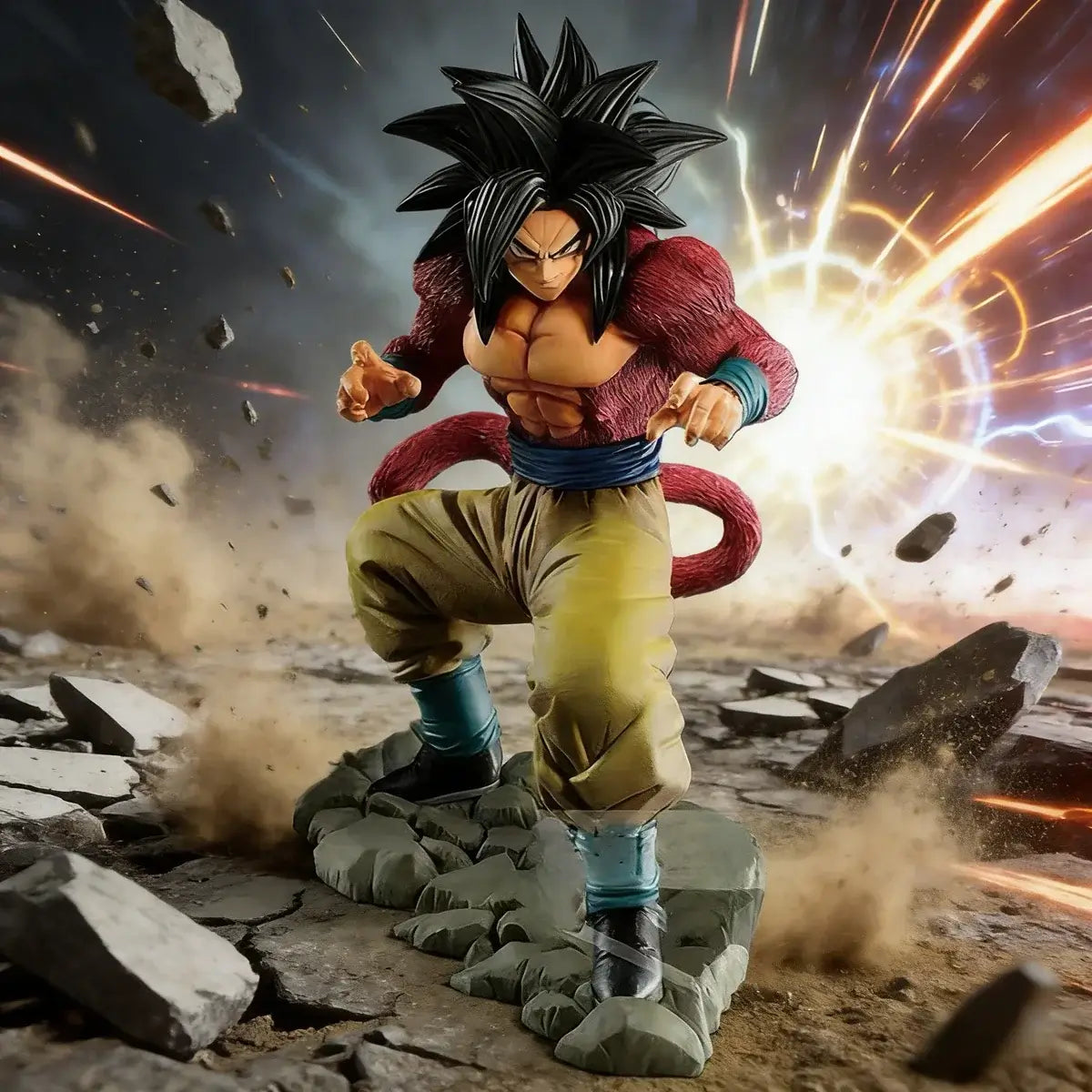 Son Goku SSJ4 PVC Dragon Ball Z figure in dynamic pose with explosive background.