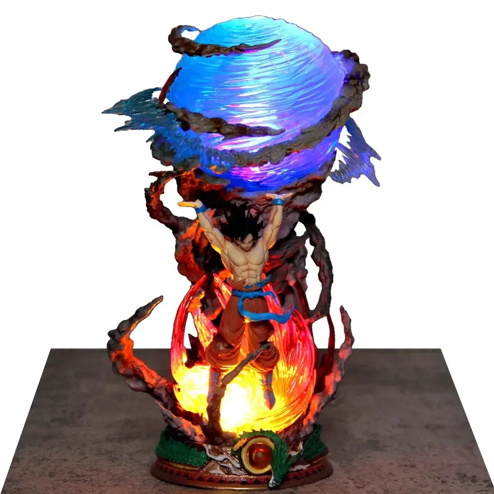 25cm Goku Dragon Ball PVC figure in a dynamic pose with Spirit Bomb effect, colorful LED lighting, anime collectible.