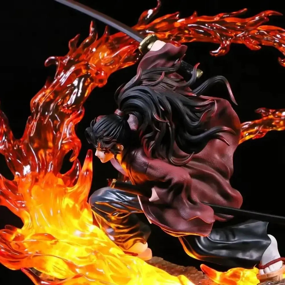 Demon Slayer Kimetsu Action Figure 30cm in dynamic pose with flames and sword, capturing anime character's essence.