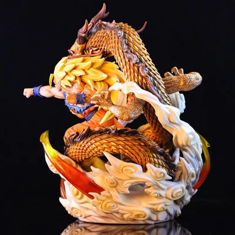 30cm Dragon Ball Goku SSJ3 figure with dragon design, PVC statue model for anime collectors and birthday gifts.