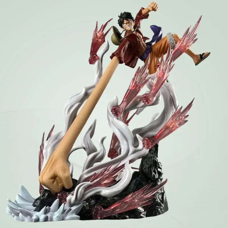 Luffy One Piece statua da collezione 30cm con braccio allungato e base decorativa.