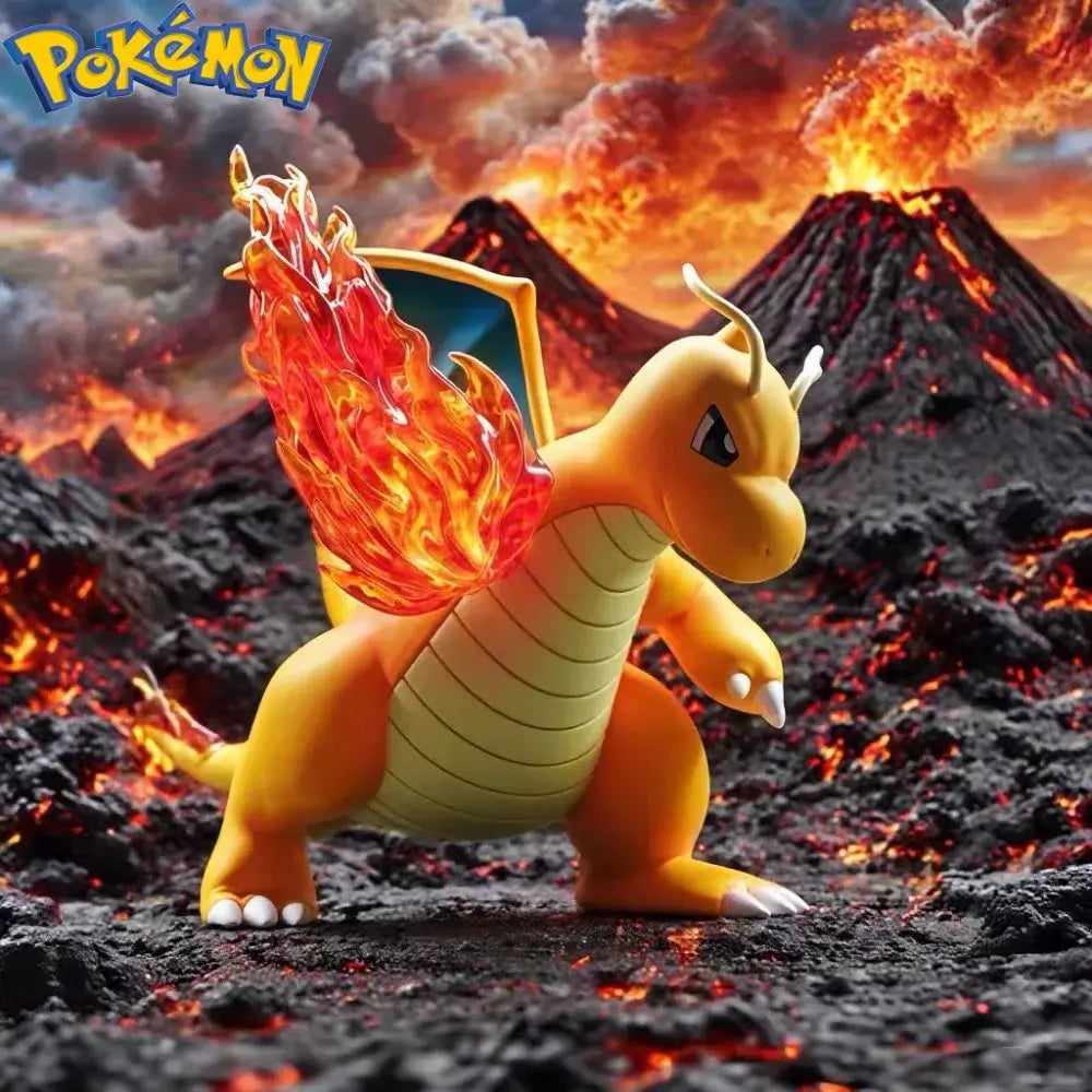 Pokemon Dragonite action figure 10cm Fire Punch against a fiery volcanic background.