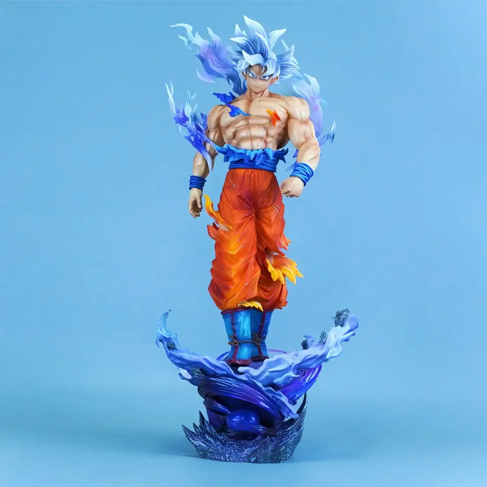 Ultra Instinct Goku action figure standing on a dynamic base, showcasing vibrant colors and detailed design.