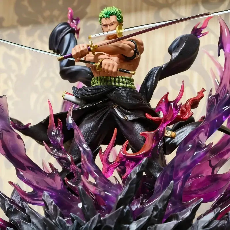 One Piece 30cm Oni Giri Santoryu Zoro Action Figures, dynamic pose of Zoro with swords on a detailed base.