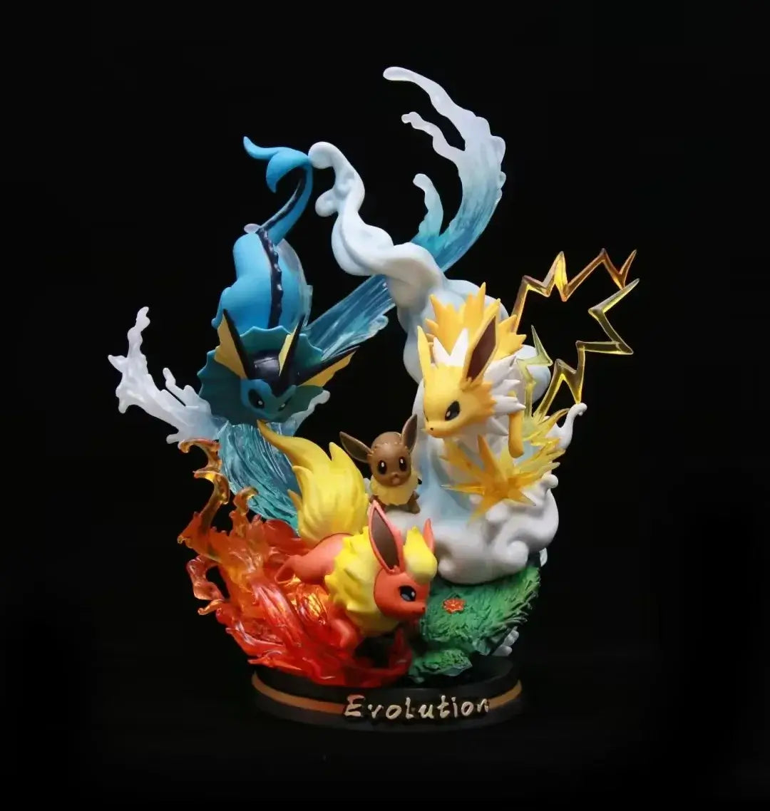 Kawaii Anime Pokemon Eevee evolution action figures statue featuring Flareon, Vaporeon, Jolteon in vibrant colors.