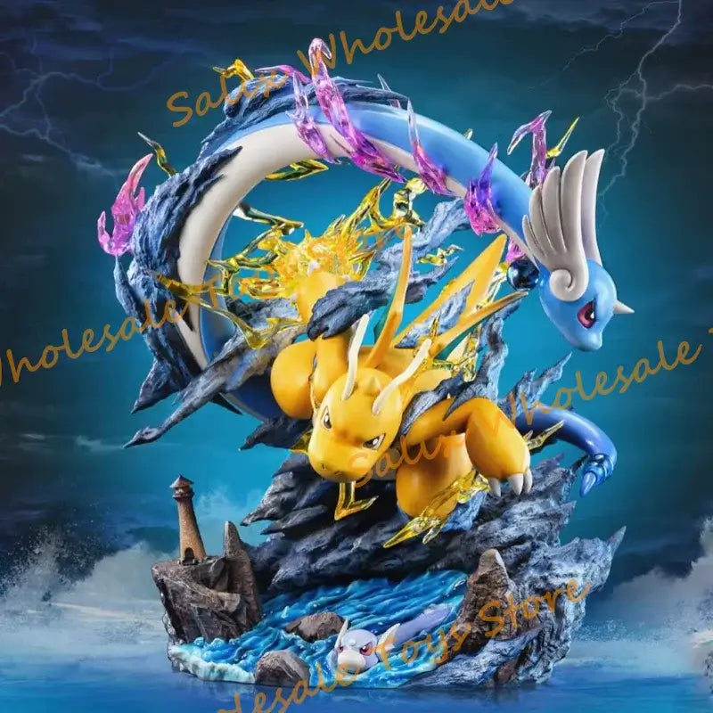 Dragonite evolution collectible figure depicting Dragonite and related Pokémon on a rocky ocean backdrop.