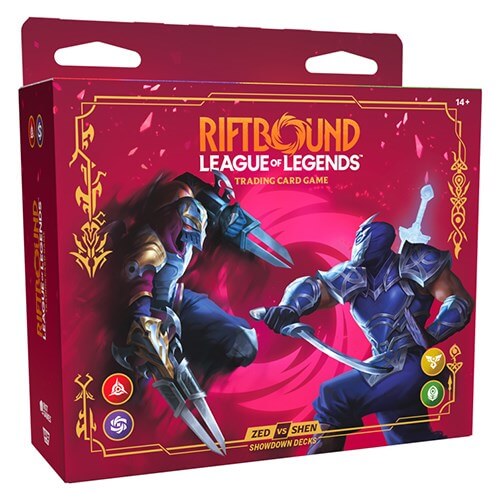 Showdown deck display Riftbound Vendetta inglese, confezione sigillata Riot Games da 4 mazzi.