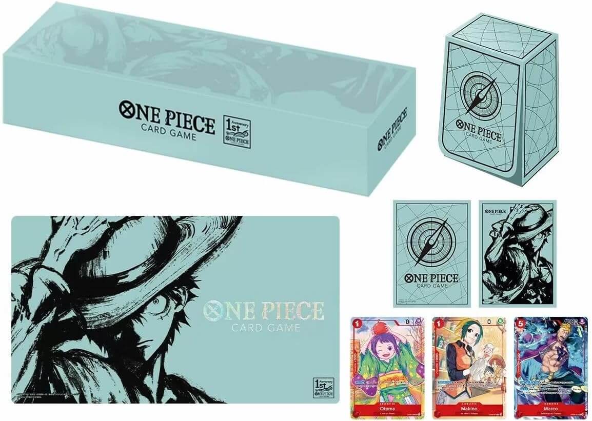 One Piece Card Game Japanese 1st Anniversary Set packaging, cards, and playmat featuring iconic characters.