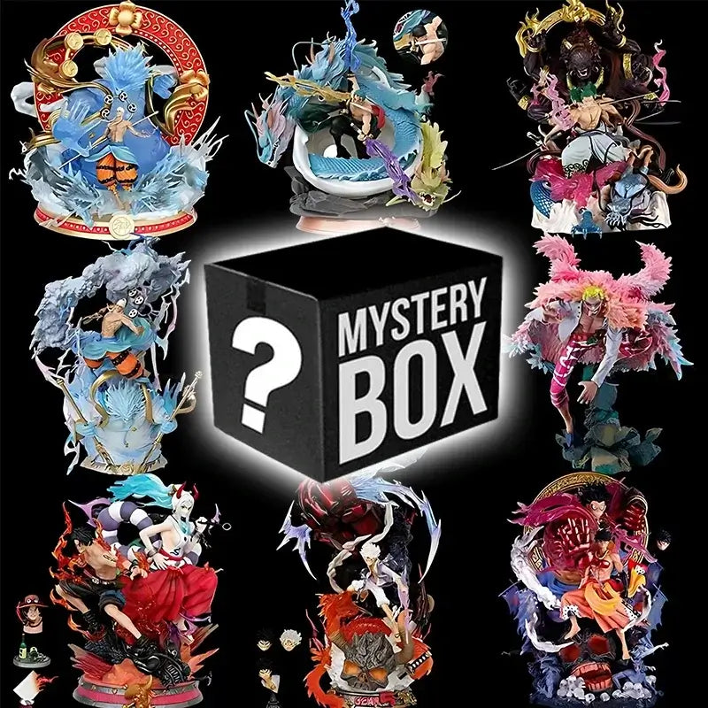 ONE PIECE figure mystery box with various anime figures and a black mystery box at the center.