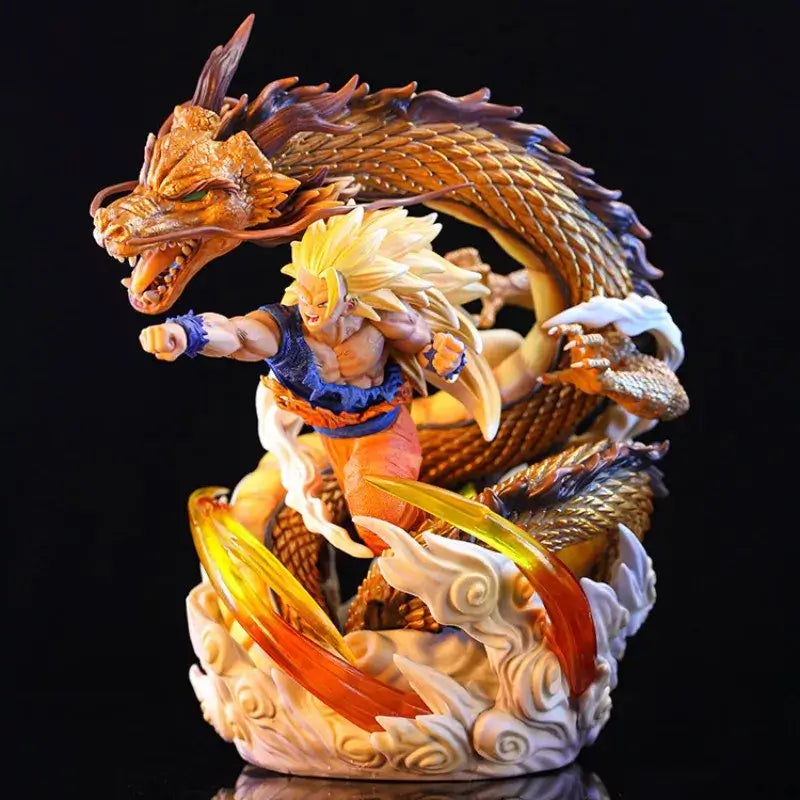 Dragon Ball Goku SSJ3 figure 30cm with dragon design, dynamic pose, and vibrant colors.