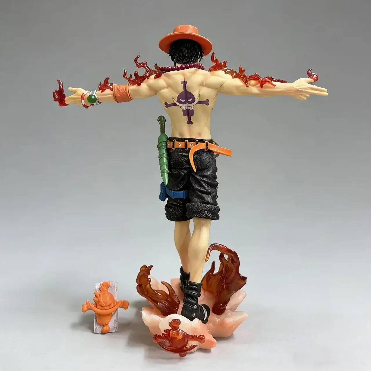 Portgas D Ace Action figure 28cm with flames, detailed PVC material, featuring iconic hat and back tattoo design.