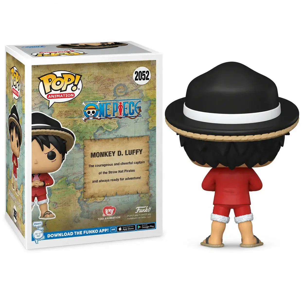 Monkey D. Luffy Funko Pop figure from One Piece, showing back view of the character and packaging.