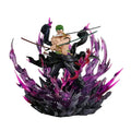 One Piece 30cm Oni Giri Santoryu Zoro Action Figures standing in dynamic pose with colorful flame effect base.