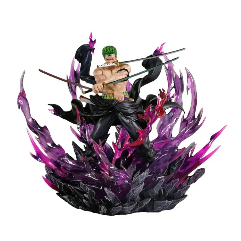 One Piece 30cm Oni Giri Santoryu Zoro Action Figures standing in dynamic pose with colorful flame effect base.