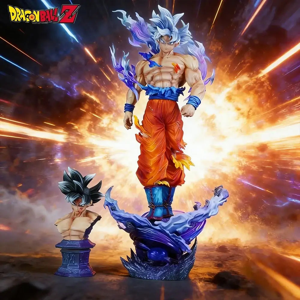 Ultra Instinct Goku action figure standing on a base with a dramatic background, showcasing the PVC statue details.