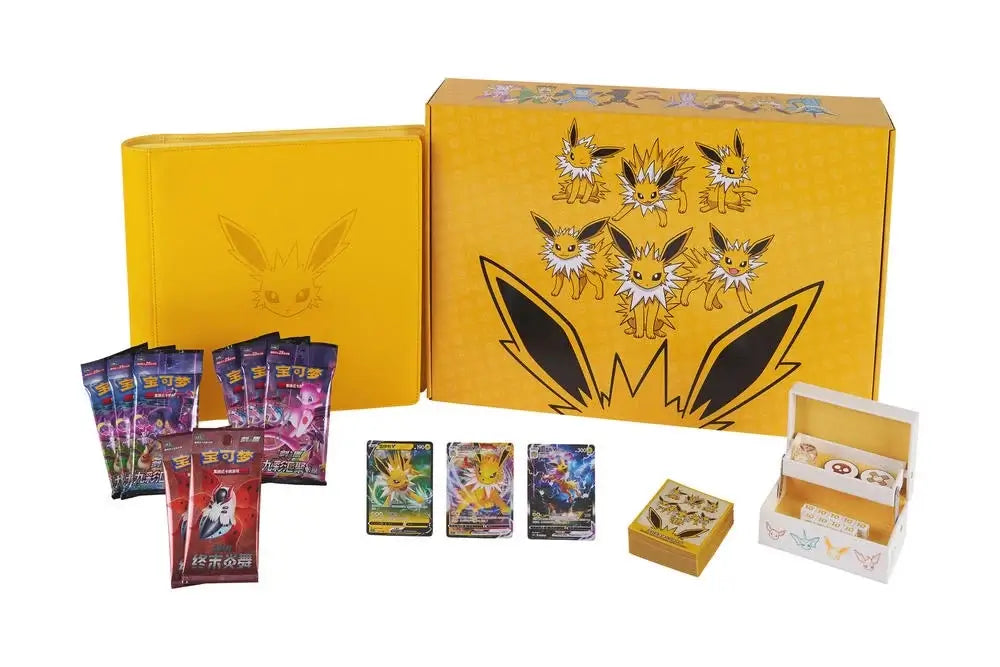 Pokemon Sword & Shield Gift Box - Jolteon VMAX featuring selected cards and accessories in a vibrant yellow package.