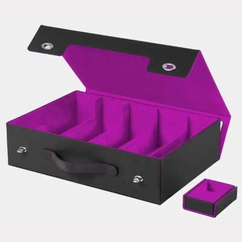 Scatola porta carte collezionabili a 5 file con maniglia, nera e viola, design impermeabile per la conservazione delle carte.