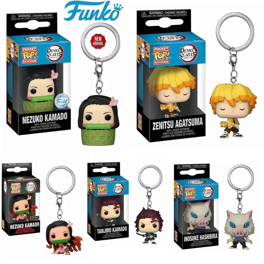 FUNKO Demon Slayer Portachiavi Collezione featuring keychains of Nezuko, Zenitsu, Tanjiro, and Inosuke.