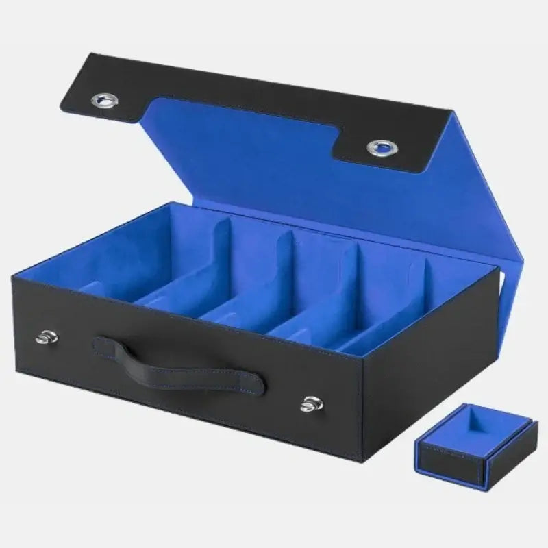 Scatola porta carte collezionabili a 5 file con maniglia, colore blu e nero, design impermeabile.