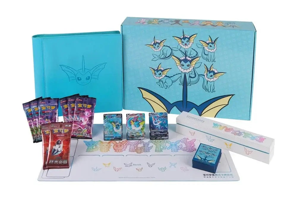 Pokemon Sword & Shield Gift Box - Vaporeon VMAX featuring cards, playmat, and themed packaging.