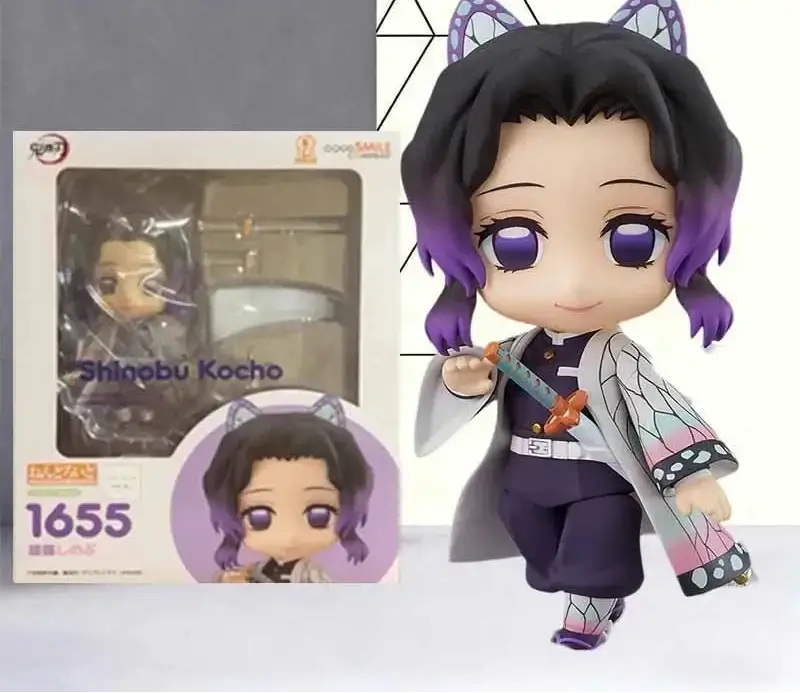 Nendoroid Shinobu 1655 model kit featuring the character with purple hair and accessories in front of its box.