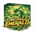 Pokèmon ETB Storm Emerald packaging featuring Rayquaza surrounded by lightning effects.