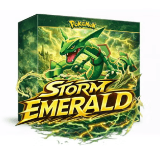 Pokèmon ETB Storm Emerald packaging featuring Rayquaza surrounded by lightning effects.