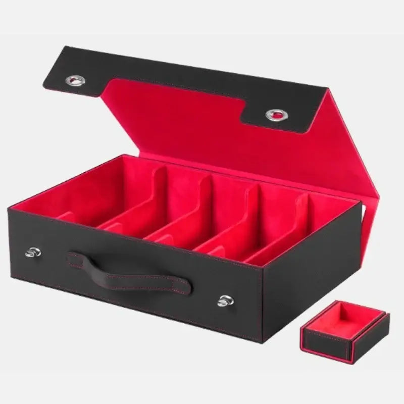 Scatola porta carte collezionabili a 5 file con maniglia, design elegante nero e rosso, ideale per carte da collezione.