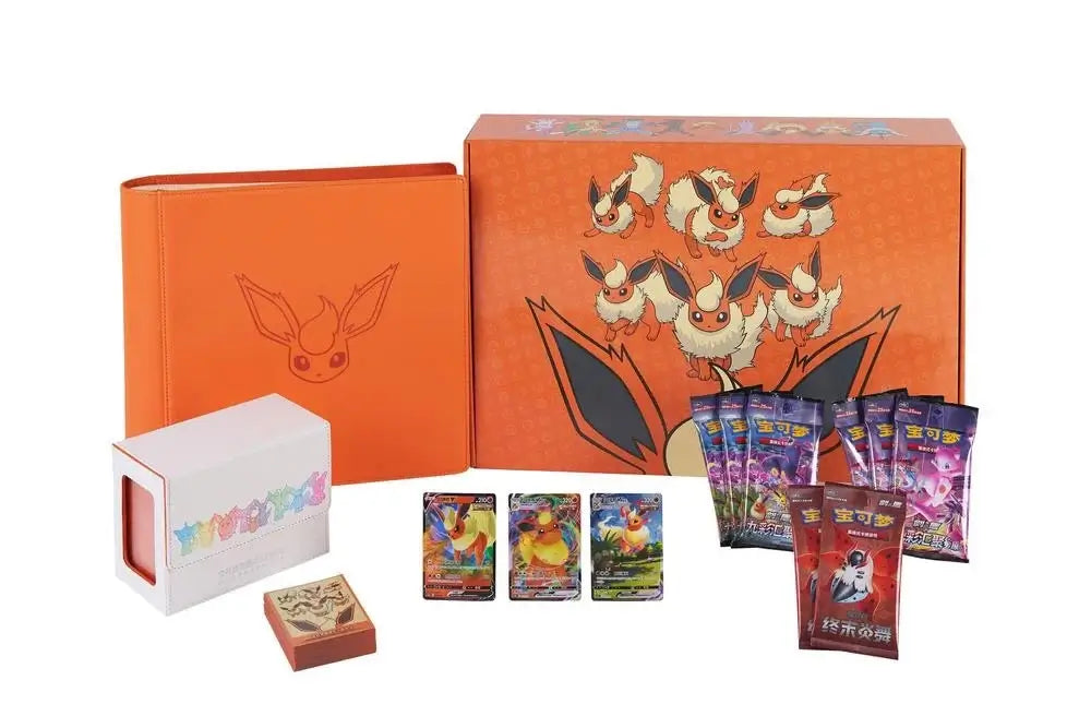 Pokemon Sword & Shield Gift Box - Flareon VMAX featuring cards, packs, and accessories.