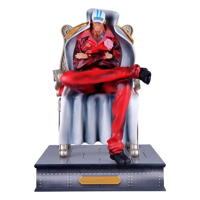 Anime One Piece Borsalino Sakazuki Kuzan Sitting figure on decorative base, showcasing detailed craftsmanship and vibrant colors.
