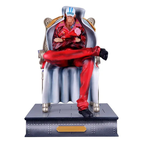 Anime One Piece Borsalino Sakazuki Kuzan Sitting figure on decorative base, showcasing detailed craftsmanship and vibrant colors.