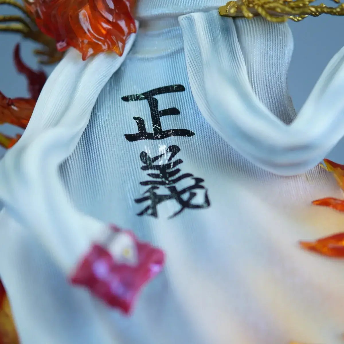 Detailed close-up of the LZ Studio One Piece Admiral Akainu Light-Up GK Statue showing intricate fabric and kanji design.