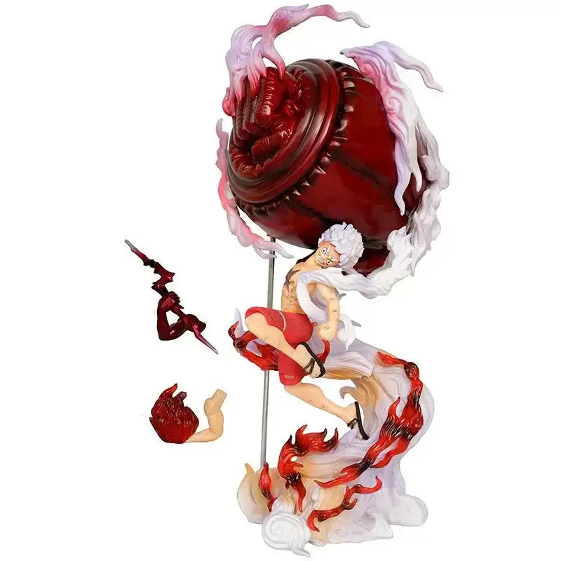 Onigashima Luffy action figure in dynamic pose with red element and accessories displayed.