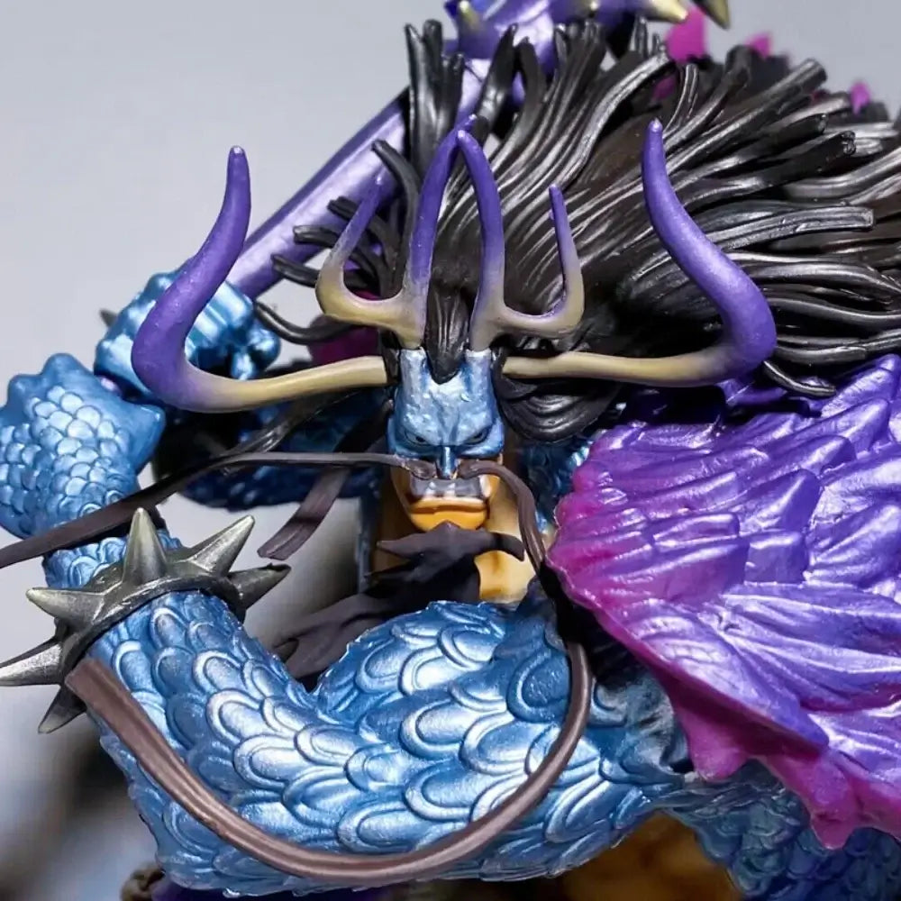 One Piece Kaido 30CM Anime Figure with detailed blue scales and purple cape, showcasing unique design and craftsmanship.