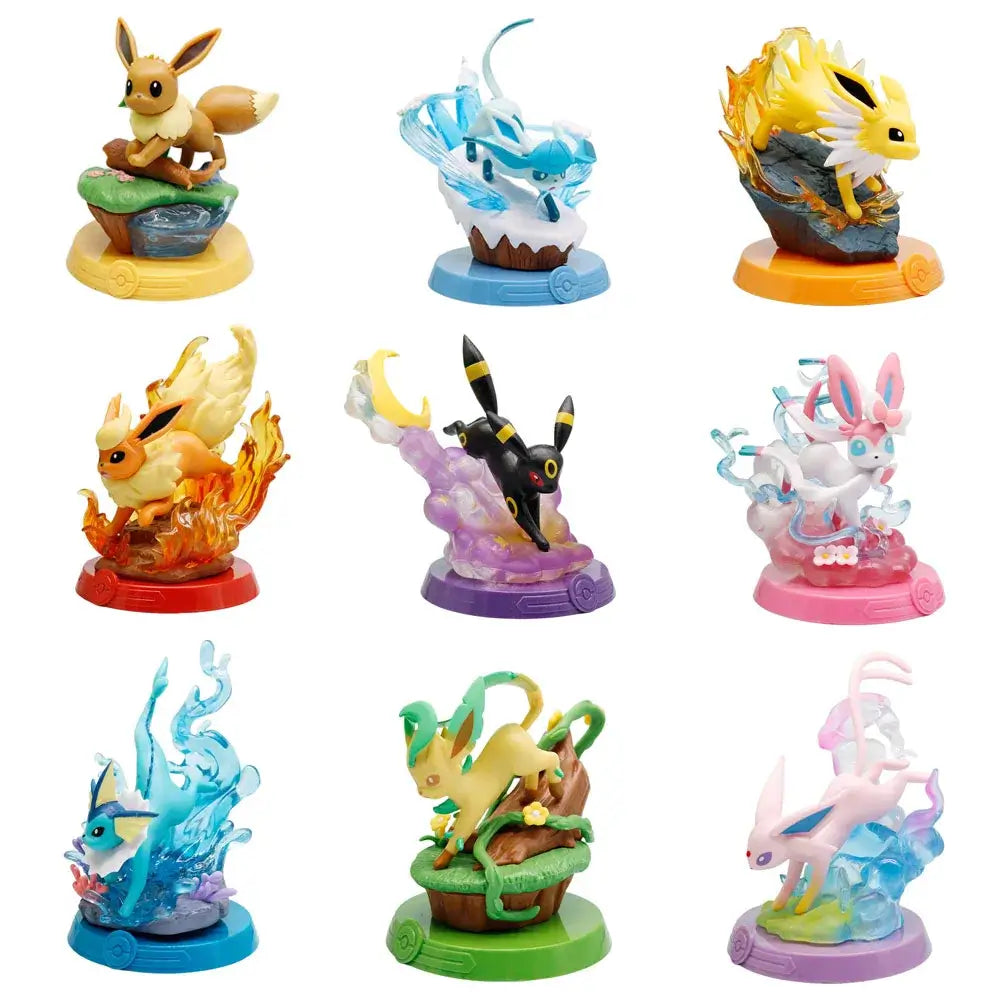 Pokemon Eevee family action figures collection featuring all evolutions in vibrant poses.