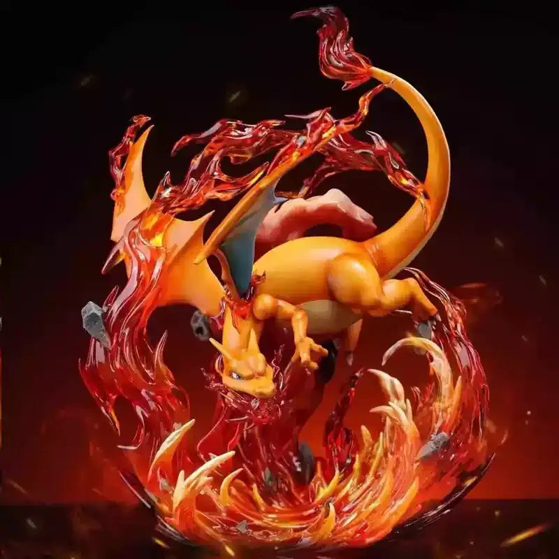 Pokemon Charizard action figure surrounded by flames, showcasing dynamic pose and vivid colors.