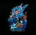 Ash Ketchum Greninja action figure depicted in dynamic pose with water effects and various Pokémon companions.