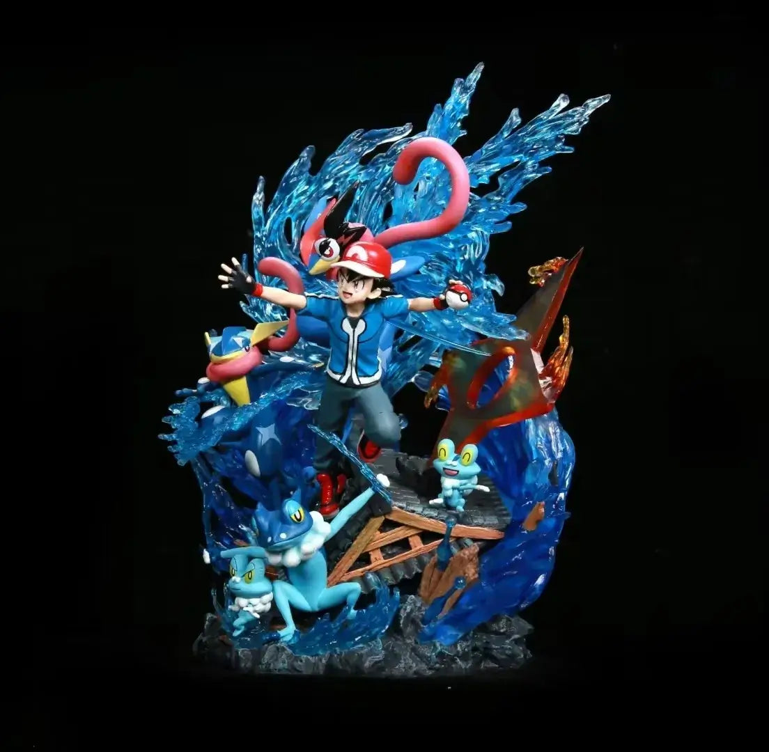 Ash Ketchum Greninja action figure depicted in dynamic pose with water effects and various Pokémon companions.