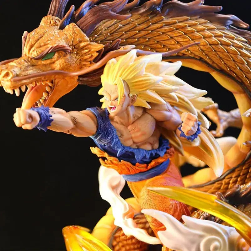30cm Dragon Ball Goku SSJ3 figure in dynamic pose with dragon details, a perfect gift for anime enthusiasts.