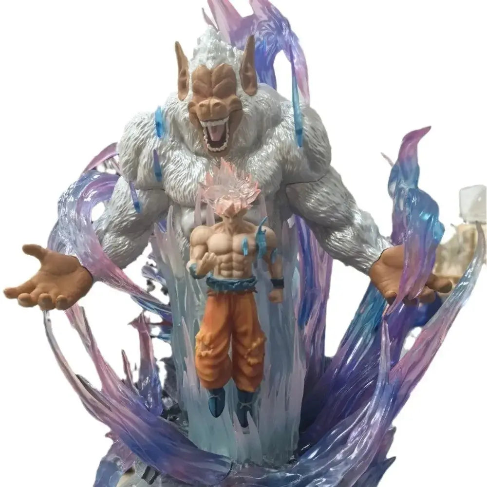 Dragon Ball Goku Ultra Instinct action figure with giant ape in dynamic pose surrounded by swirling energy effects.