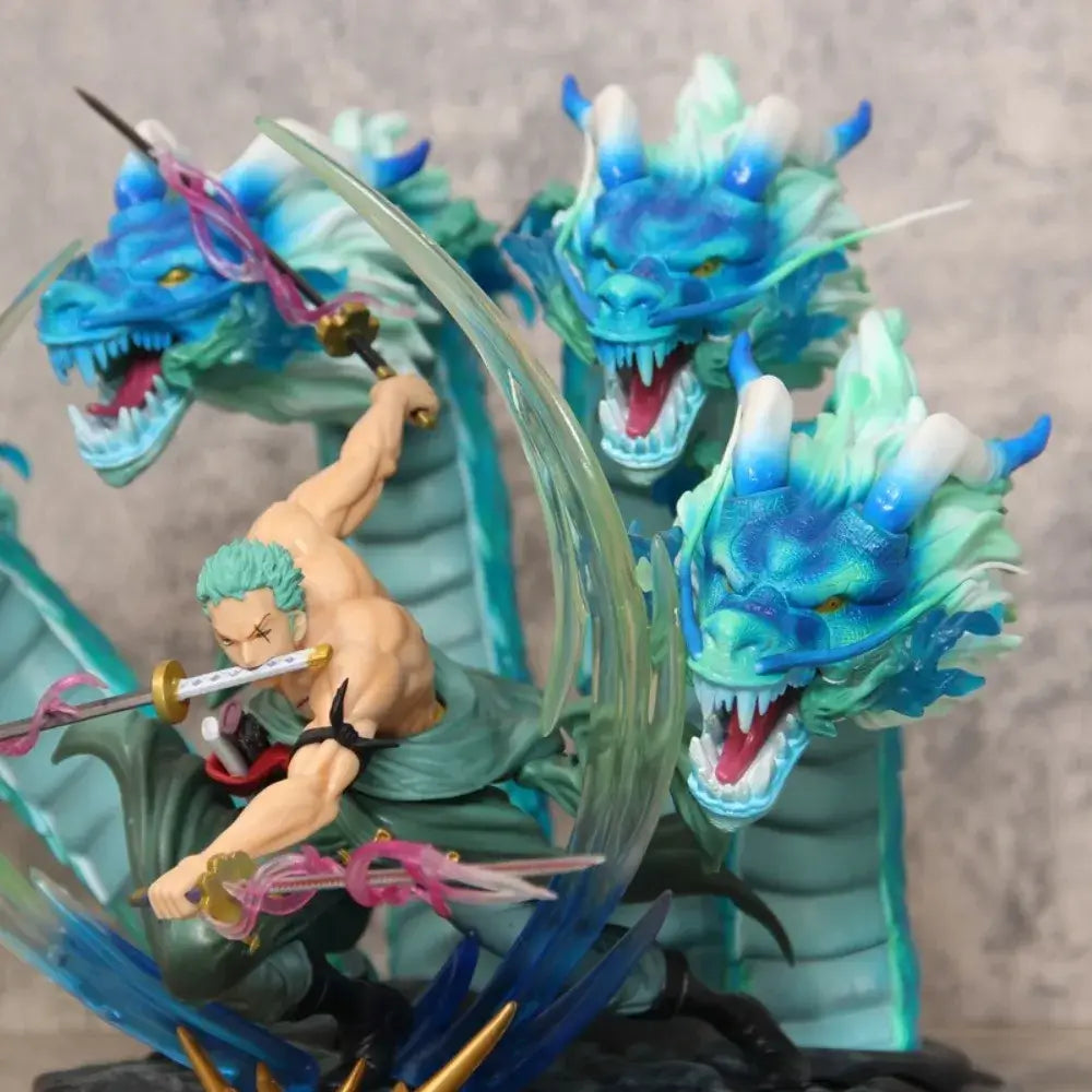 Roronoa Zoro anime figure battling three-headed dragon from One Piece, 30cm collectible statue.
